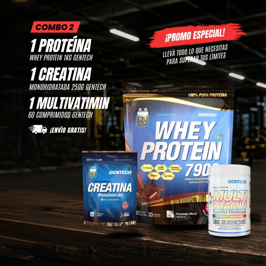 COMBO 2- PROTEINA 1KG + CREATINA + MULTIVITAMIN GENTECH