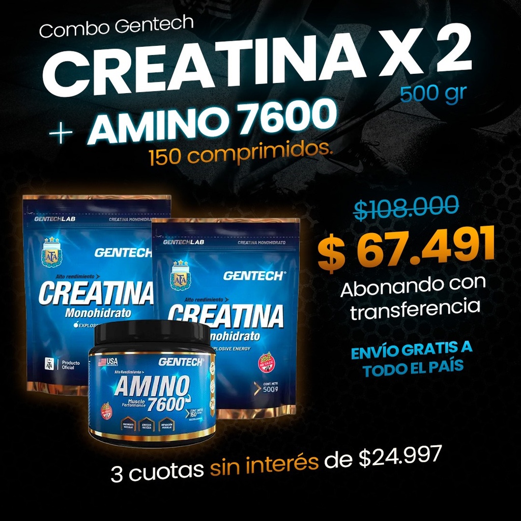 2 CREATINA 500GR + AMINO 7600 REGALO + ENVIO GRATIS GENTECH